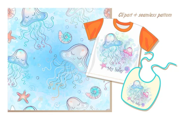 Set Seamless Pattern Clipart Cute Jellyfish Watercolor Vector — ストックベクタ