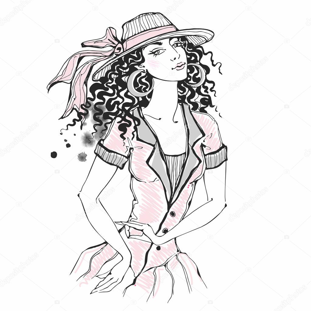 Elegant girl with a hat. Sketch and watercolor spots. Vector.