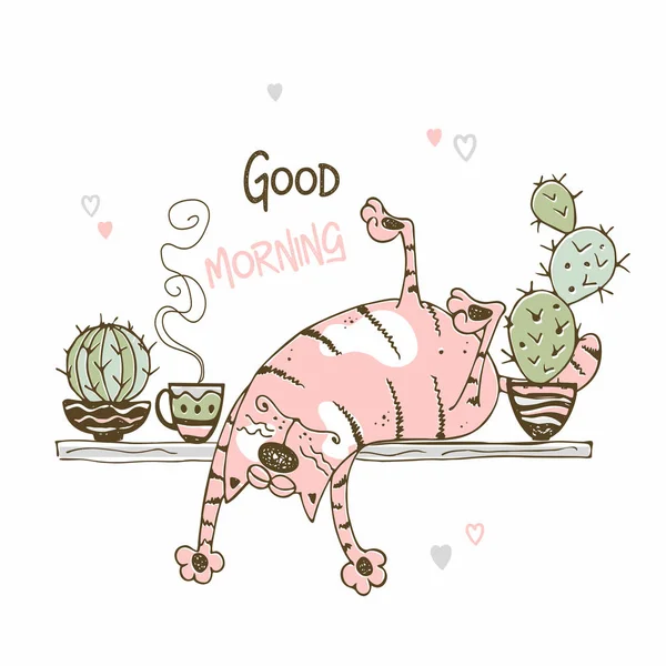 Lindo Gato Dulce Divertido Dormir Estante Con Cactus Buenos Días — Vector de stock