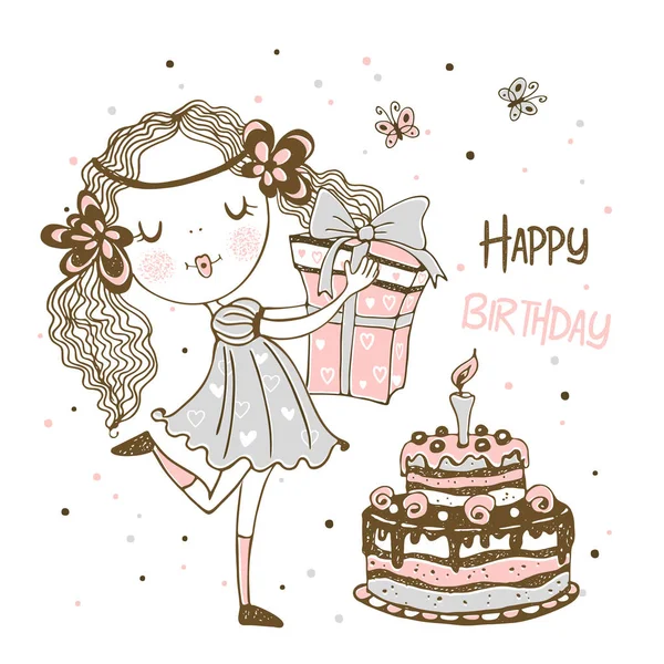 Birthday Card Cute Girl Gifts Birthday Cake Vector — Stock Vector