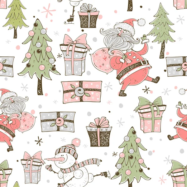 Seamless Christmas Pattern Santa Claus Gifts Christmas Tree Vector — Stock Vector