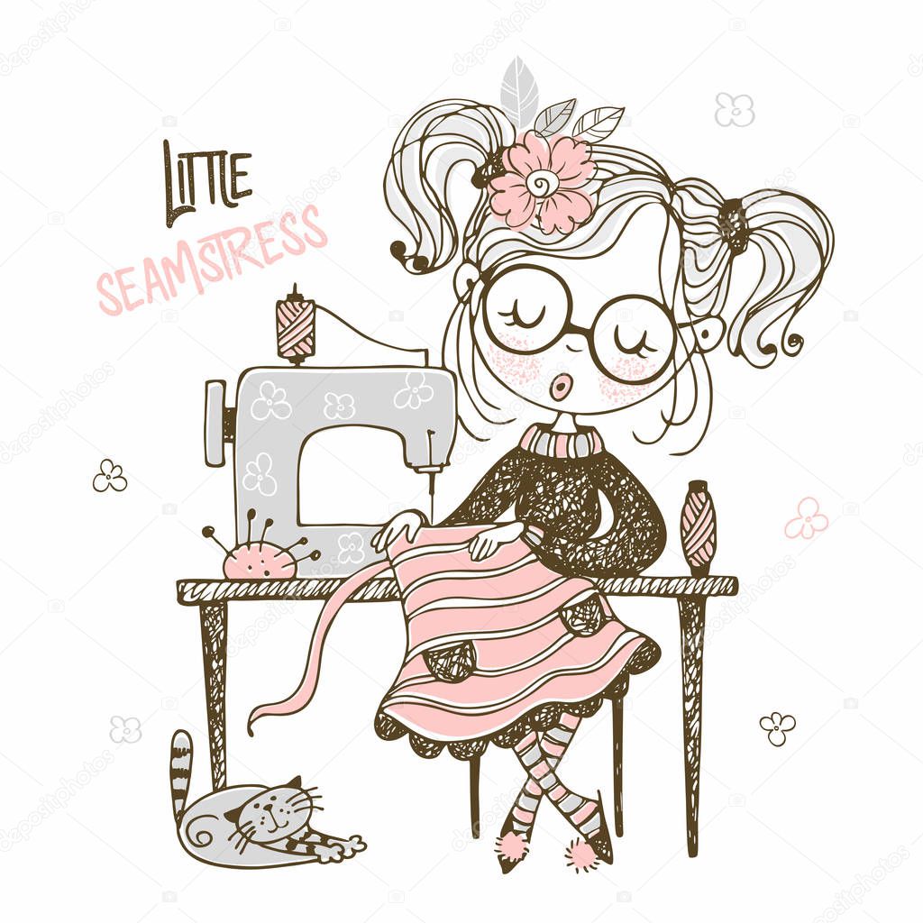 Cute girl seamstress sews on a sewing machine dress. Doodle style. Vector.