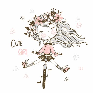 Uzun at kuyruklu, kedi yavrusu tutan tatlı bir kız. Vektör.