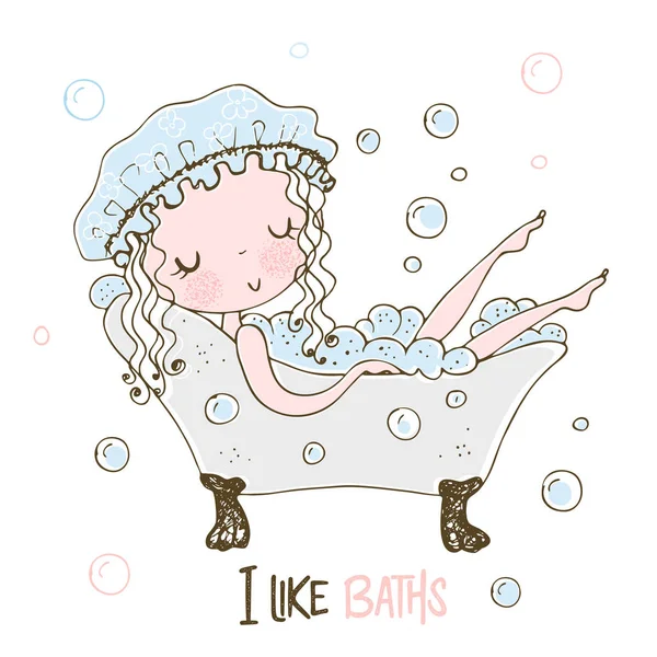 Cute Little Girl Takes Bubble Bath Vector — Stock Vector