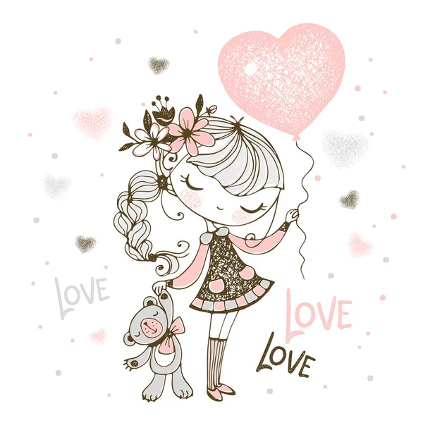 Fata Drăguță Urs Pluș Balon Formă Inimă Valentine Vector — Vector de stoc