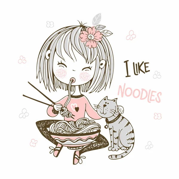 Cute Little Girl Eating Chopsticks Noodles Vector — ストックベクタ