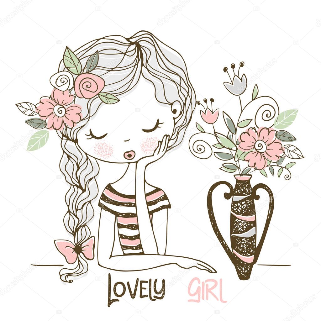 Lovely girl with flowers in a vase. Vector. Doodle style.
