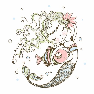 Balıklı şirin bir deniz kızı. Doodle tarzı. Vektör