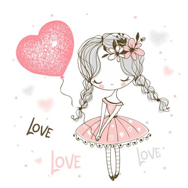 Kalp şeklinde balonu olan sevimli küçük bir kız. - Valentine. Vektör