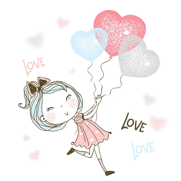 Seorang gadis kecil yang lucu berjalan setelah balon dalam bentuk hati. Vektor - Stok Vektor
