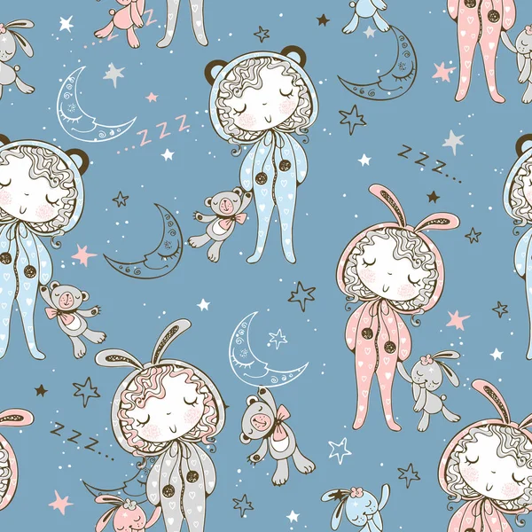 Seamless pattern with kids in pajamas with Bunny toys and Teddy bear. It's time to sleep. Vector — Stock Vector