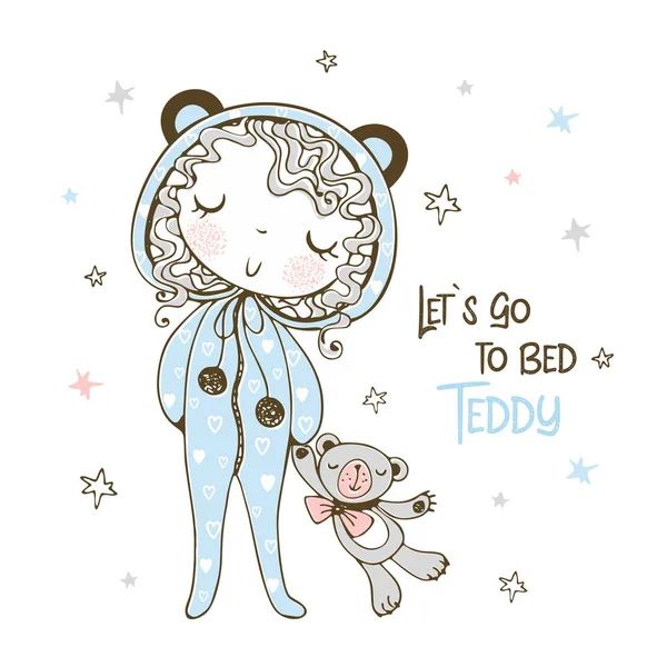 Linda chica en pijama en forma de osos que van a dormir con un osito de peluche de juguete. Vector — Vector de stock