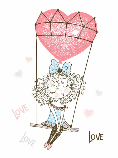 Linda chica volando en un globo en forma de corazón. ¡Valentine! Vector . — Archivo Imágenes Vectoriales