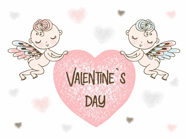 Los cupidos llevan un gran corazón. Feliz día de San Valentín. Vector — Vector de stock