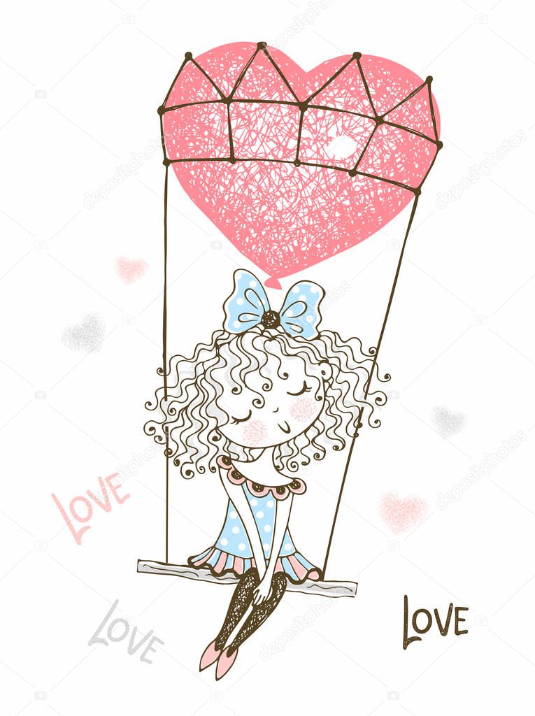 Cute girl flying on a balloon in the form of a heart. Valentine. Vector.