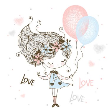 Çiçek desenli bir çelenk içinde balonlarla duran tatlı bir kız. Vektör.