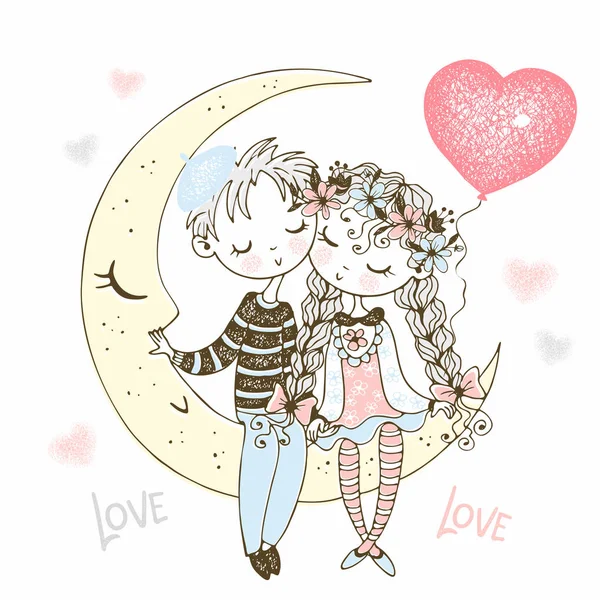 Boy Girl Love Sitting Moon Balloon Form Heart Valentine Vector — 스톡 벡터