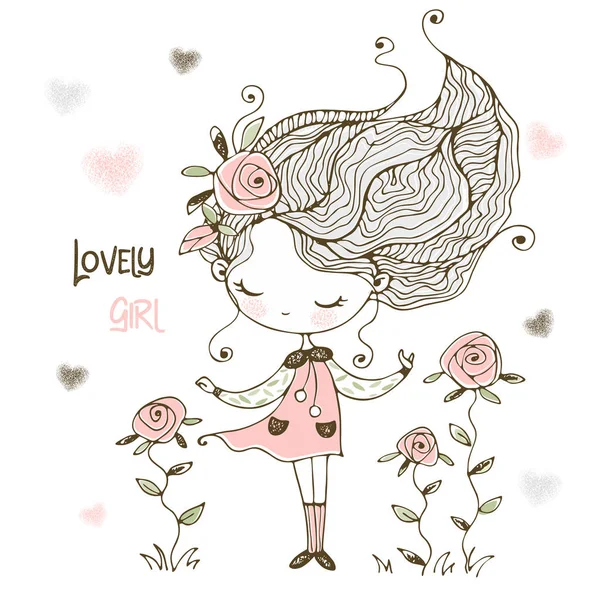 Lovely Little Girl Flowers Roses Vector — ストックベクタ