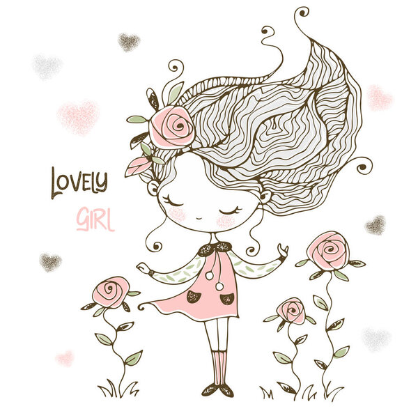 Lovely is a little girl with flowers of roses. Vector.