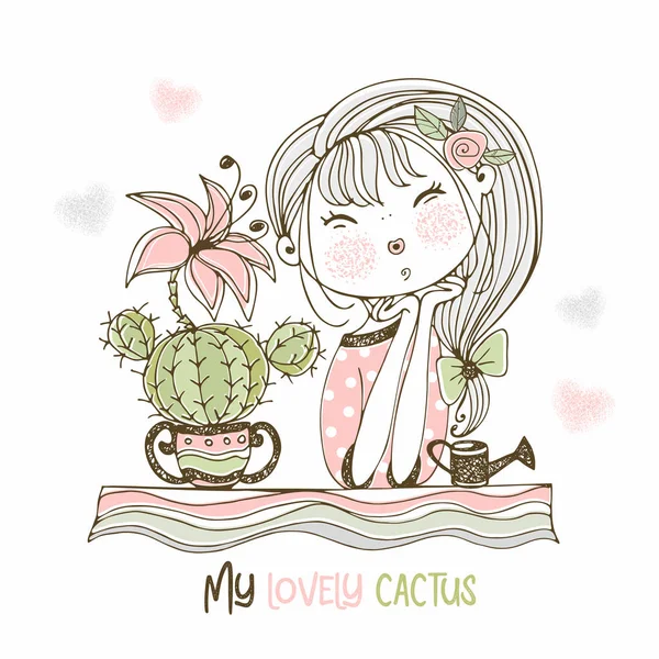Seorang Gadis Manis Mengagumi Kaktus Mekar Vektor - Stok Vektor