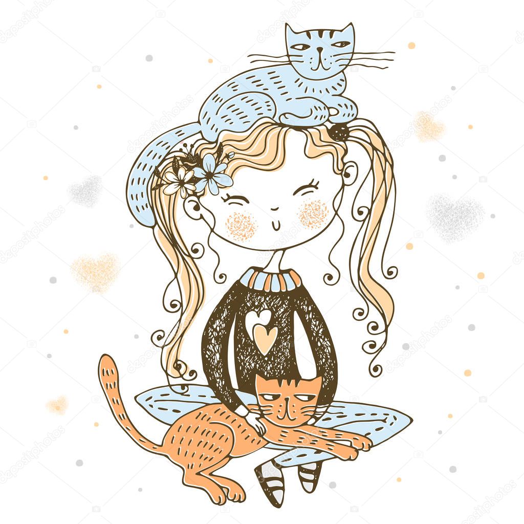 Cute perky girl sitting with their Pets cats. Vector.