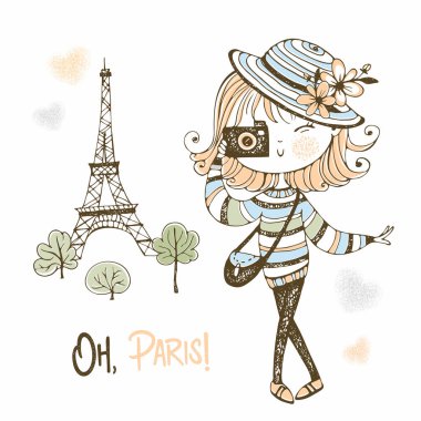 Cute girl with a camera in Paris. Travel. Vector