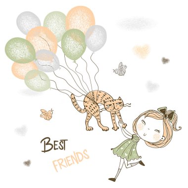 A cute girl catches her pet cat flying on balloons. Vector.
