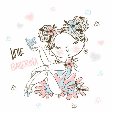 Little cute ballerina in a tutu with a bird. Vector.