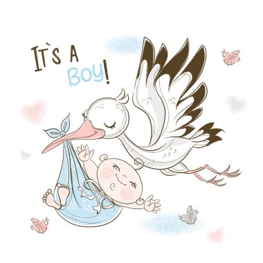 A stork carries a baby boy. Birthday card for my son. Vector.