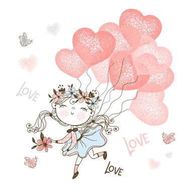 Cute girl flying on balloons in the shape of a heart. Vector.