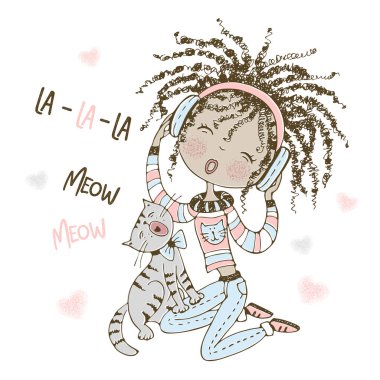 Cute girl with dreadlocks sings while listening to music in headphones. The cat sings along with her. Vector.