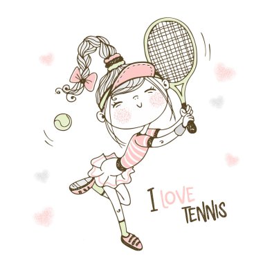 Cute girl playing tennis. Vector.