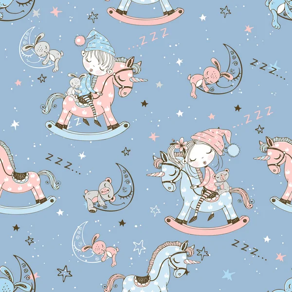Seamless pattern with cute children sleeping on toy unicorns. Vector.