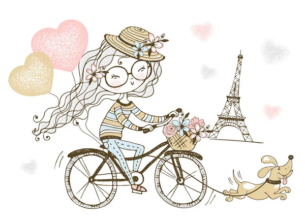 Cute Girl Rides Bike Her Dog Paris Vector — ストックベクタ