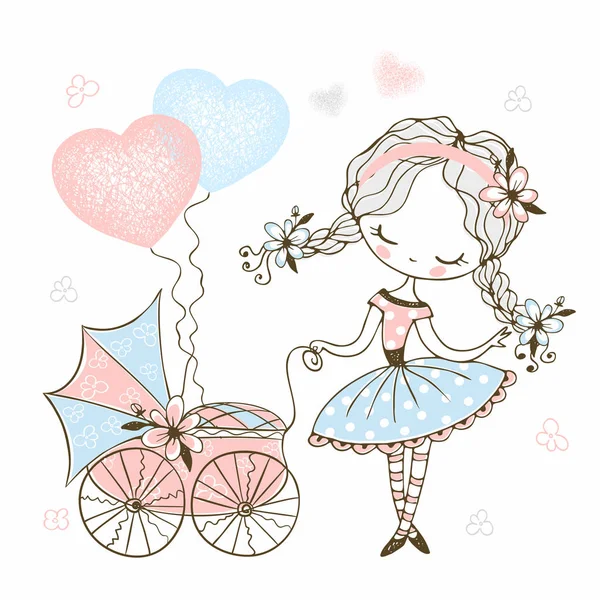 Cute Little Girl Toy Baby Stroller Baby Vector — 스톡 벡터