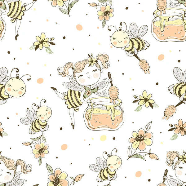 Seamless Pattern Flower Fairy Honey Bees Vector — ストックベクタ