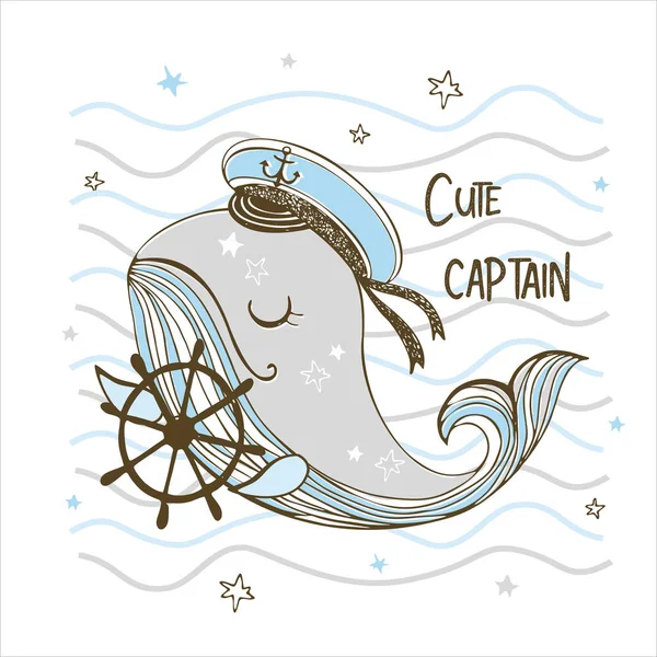 Funny Cute Whale Captain Wheel Vector — ストックベクタ