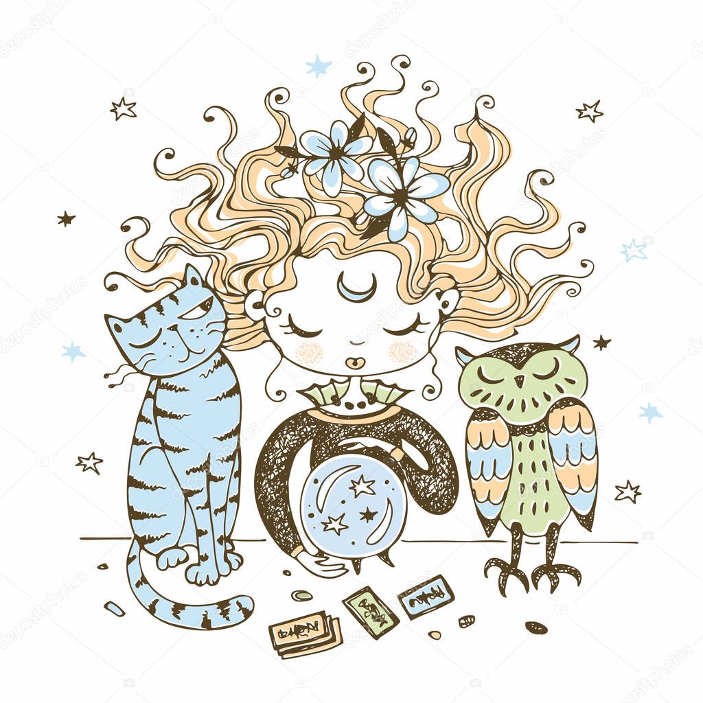 A cute little witch with a cat and an owl looks into a crystal ball. Vector.