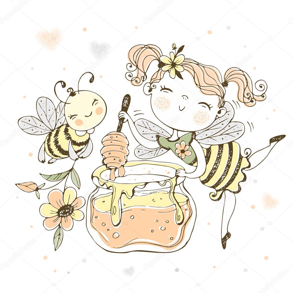 Flower fairy with a pot of honey and a cheerful bee. Vector.