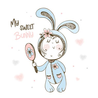Pijamalı şirin bir bebek. Tavşan aynaya hayran. Vektör.