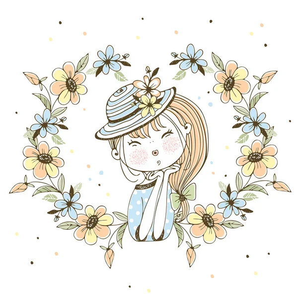 Fata Drăguță Într Pălărie Într Cadru Flori Vector — Vector de stoc
