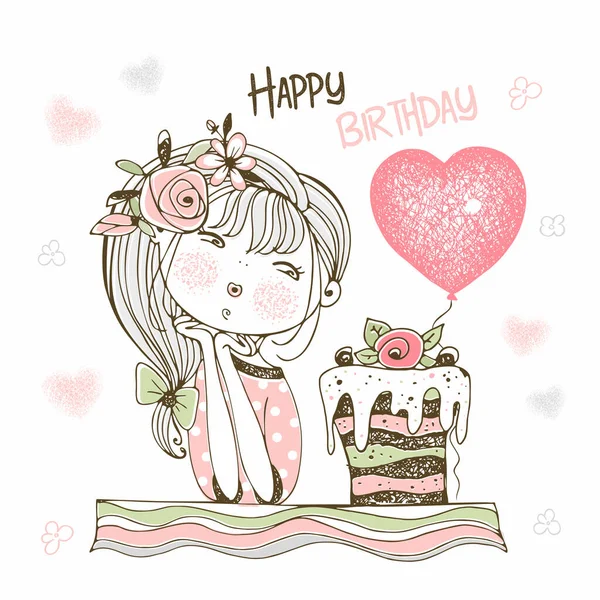 Birthday Card Cute Girl Cake Balloon Vector — Stock Vector