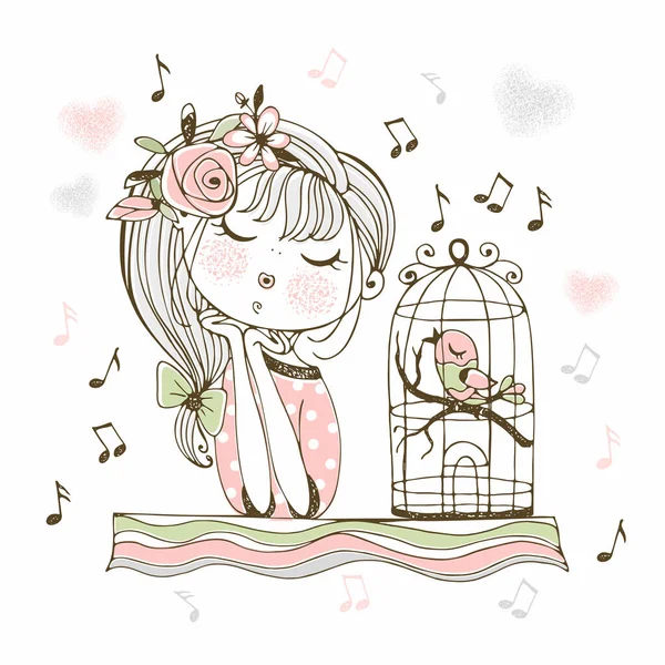 Cute Girl Listens Her Bird Singing Cage Vector — ストックベクタ