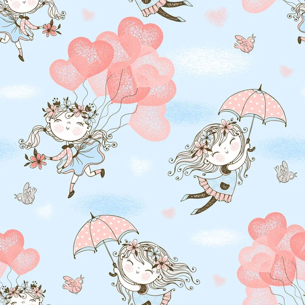 風船や傘の上を飛ぶかわいい女の子とシームレスなパターン ベクトル — ストックベクタ