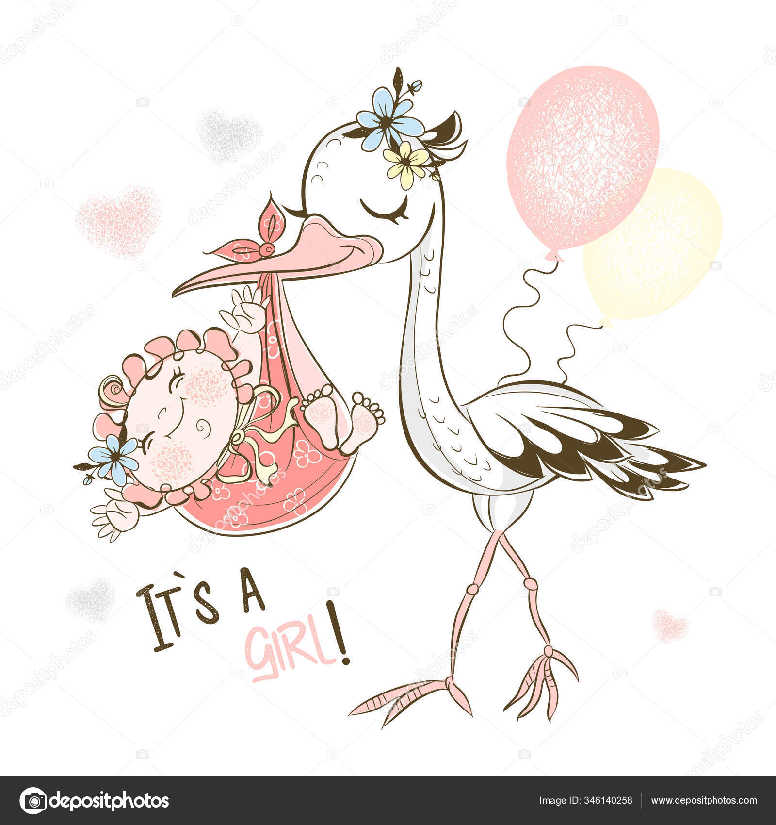 Storken Kom Med Den Lille Jenta Gratulerer Med Dagen Babydusj stockvektor ©  grigaolga #346140258, image size:1600x1700
