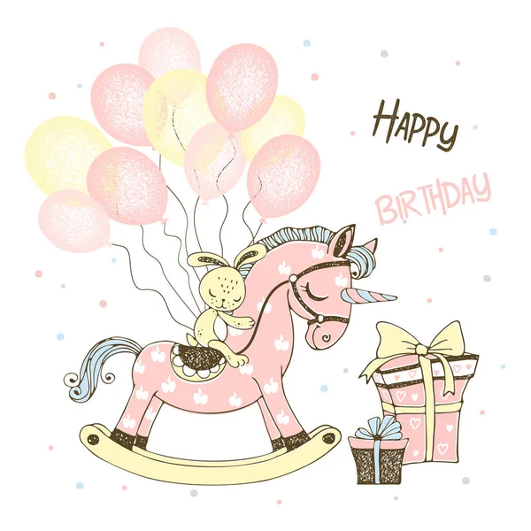 Geburtstagskarte Für Ein Mädchen Mit Einem Einhorn Spielzeugpferd Und Luftballons — Stockvektor
