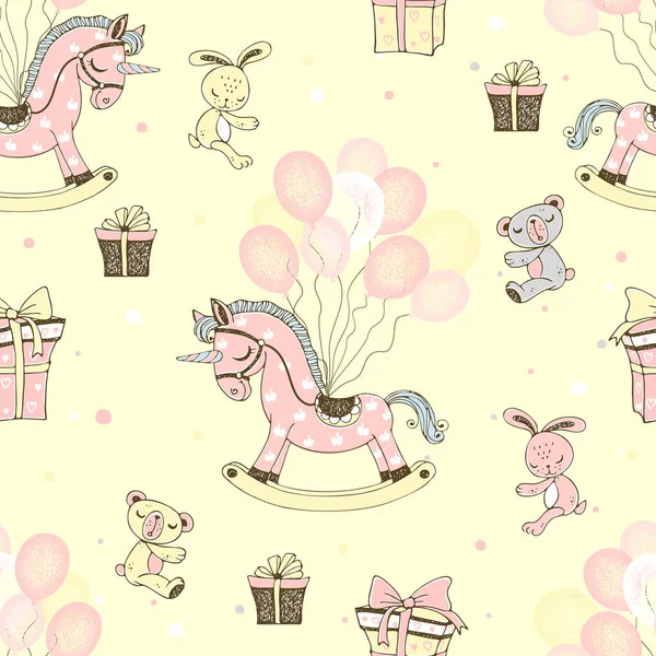 Seamless pattern with a horse with balloons toys for a girl's birthday. Vector.