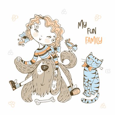 Cute girl with a cat and a dog and a bird. My family. Vector