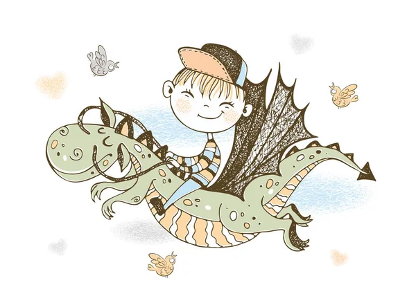 Little Boy Baseball Cap Flying Fairy Tale Dragon Vector — Stock Vector