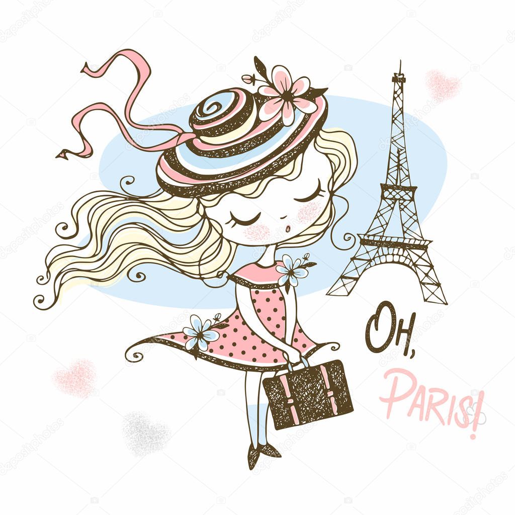Cute girl in a hat with a suitcase in Paris. Travel. Vector.